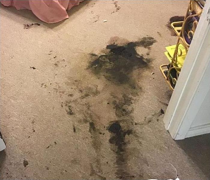Soot from a fire on light colored carpet