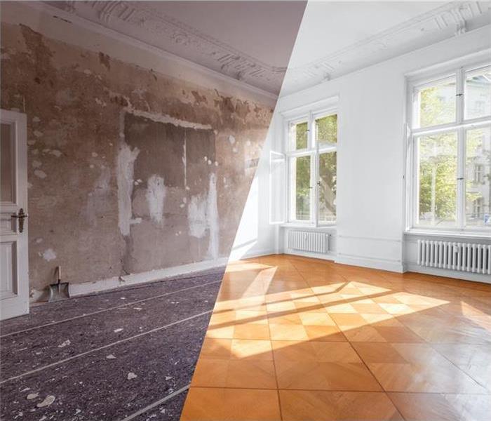 A before and after photo restoration of a home with wood floors.